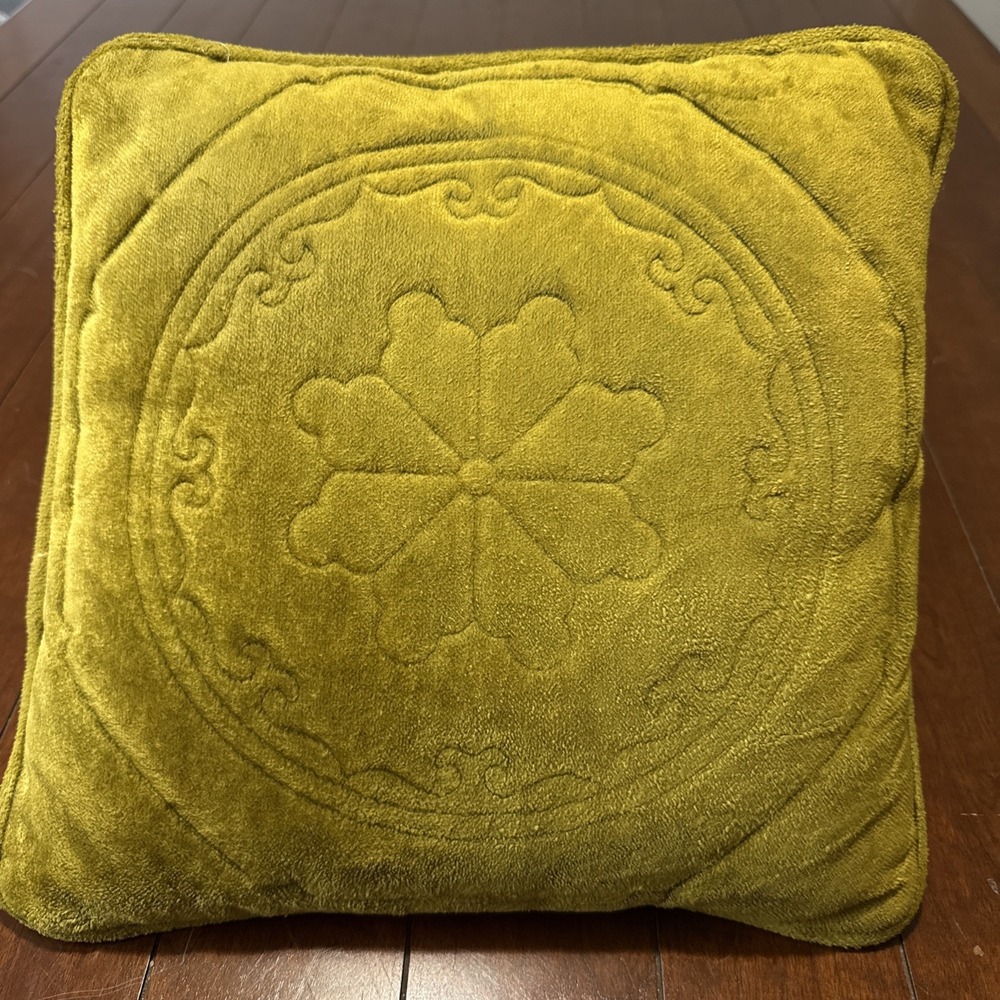 Vtg 70s Avocado Green Velour Embossed Throw Pillow Green Square Cottage Boho